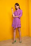 льняная ткань стойка воротник короткое женское платье-Фиолетовый