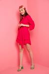 льняная ткань стойка воротник короткое женское платье-Розовый
