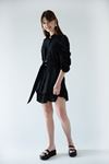 Seda Linen Fabric Band Collar Sleeve detailed Short Dress - Black