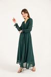 Şili Şifon Aerobin Kumaş Kruvaze Yaka Uzun Boy Anvelop Kadın Elbise-Zümrüt Yeşil