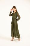 فستان نسائي قماش شيفون ياقةV فستان طويل - اخضر غامق