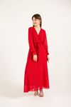 فستان نسائي قماش شيفون ياقةV فستان طويل - أحمر