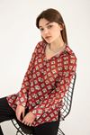 Şifon Kumaş Tam Kalıp Geometrik Desen Kadın Gömlek-Kırmızı