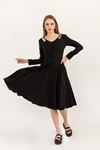 Seda Keten Kumaş Önü Düğmeli Askı Detaylı  Kadın Elbise-Siyah