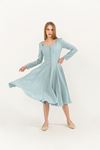 Chiffon Fabric Long Sleeve V-Neck Long Layer Women Dress-Light Blue
