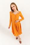 Seda Keten Kumaş Önü Düğmeli Askı Detaylı  Kadın Elbise-Oranj