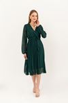 Şifon Kumaş Kruvaze Yaka A Kesim Piliseli Kadın Elbise-Zümrüt Yeşil