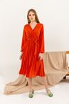 Chiffon Fabric Band Neck A Cut Pleated Dress-Orange