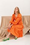 Gofre Fabric V Neck Rigged Embossed Long Dress-Orange