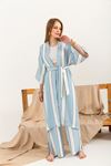 Muslin Fabric Shawl Collar Comfy Striped Women Kimono-Light Blue