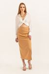 Atlas Fabric Long Shirred Slit Skirt-biscuit