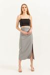 Atlas Fabric Long Shirred Slit Skirt-Grey