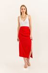 Atlas Fabric Long Shirred Slit Skirt-Red