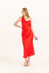 Satin Fabric Lapel Collar Women Dress-Red