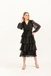Chiffon Fabric Long Sleeve V Neck Women Dress-Black