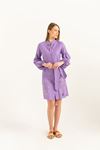 Linen Fabric Band Collar Embroidery Detailed Women Dress-Purple
