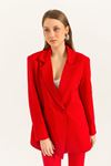 Atlas Kumaş Uzun Kollu Oversize/Salaş Kadın Palazzo Ceket-Kırmızı