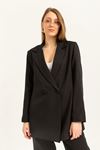 Atlas Kumaş Uzun Kollu Oversize/Salaş Kadın Palazzo Ceket-Siyah