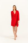 İthal Aerobin Kumaş Uzun Kollu V Yaka Kuşaklı Kadın Elbise-Kırmızı