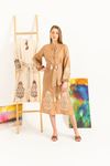 Linen Fabric Band Collar Embroidery detailed Long Midi Dress-Light Brown