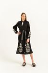 Linen Fabric Band Collar Embroidery detailed Long Midi Dress-Black