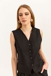 Atlas Fabric V Neck Short Pocket detailed Women Button Vest-Black