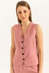 Atlas Fabric V Neck Short Pocket detailed Women Button Vest-Rose 