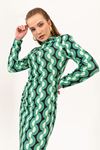 Sandy Fabric Tight Fit Geometric Pattern Padded Women Dress-Green