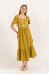  فستان طويل للمرأة موسلين قماش  طوق مربع مطرز -زيت أخضر