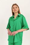 Saten Kumaş Oversize Kadın Gömlek-Yeşil