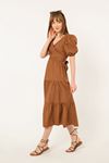 Soft Kumaş Balon Kol Bağlama Detaylı Kadın Elbise-Kahve