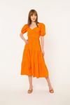 Soft Kumaş Balon Kol Bağlama Detaylı Kadın Elbise-Oranj