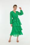 Şifon Kumaş Uzun Kollu V Yaka Katkat Kadın Elbise-Yeşil