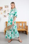Viskon Keten Kumaş Çiçek Desenli  Rahat Kalıp Uzun Kadın Elbise-Yeşil