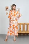 Viskon Keten Kumaş Çiçek Desenli  Rahat Kalıp Uzun Kadın Elbise-Oranj