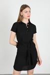 Keten Kumaş Gömlek Yaka Tam Kalıp Düğme Detaylı Kadın Elbise-Siyah