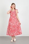 Vual Fabric Square Neck Floral Print Tied Shoulder Women Dress - Red