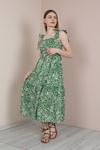 Vual Fabric Square Neck Floral Print Tied Shoulder Women Dress - Green