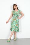 Viskon Kumaş Geometrik Desen Fırfırlı Kadın Elbise-Yeşil