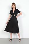 Bodrum Kalitesi Kumaş Ceket Yaka Bağlama Detaylı Uzun Kadın Elbise-Siyah