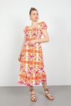 Terikoton Kumaş Gipeli Balon Kollu Kadın Elbise-Oranj