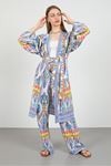 Длинное женское кимоно из вискозной ткани с этническим узором-Синий