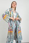 Viskon Empirme Kumaş Etnik Desen Uzun Kadın Kimono-Mint