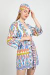 Viskon Empirme Kumaş Etnik Desen Kısa Kadın Kimono-Mavi