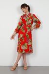 Yoryo Chiffon Fabric Sleeve Detail Long Women Dress-Red