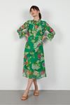 Yoryo Şifon Kumaş Kol Detay Çiçek Desen Uzun Kadın Elbise-Yeşil