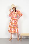 Terikoton Fabric Flower Pattern Back Detail Midi Women Dress-Orange