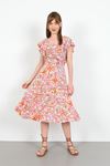 Viscon Fabric Geometric Pattern Frilly Women Dress-Pink