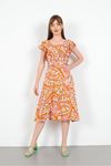 Viscon Fabric Geometric Pattern Frilly Women Dress-Orange