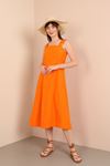 Soft Kumaş İki Cepli Uzun Kadın Elbise-Oranj